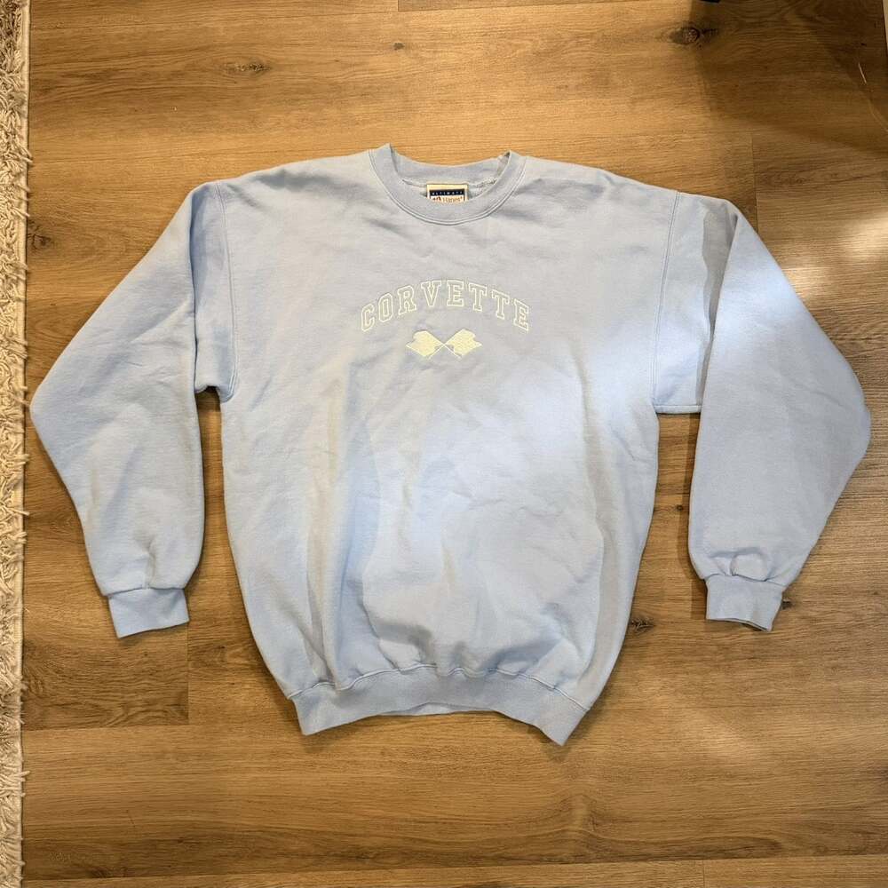 Corvette Sweatshirt M Baby Blue Embroidered Logo Hanes Crewneck 90s Y2K Style